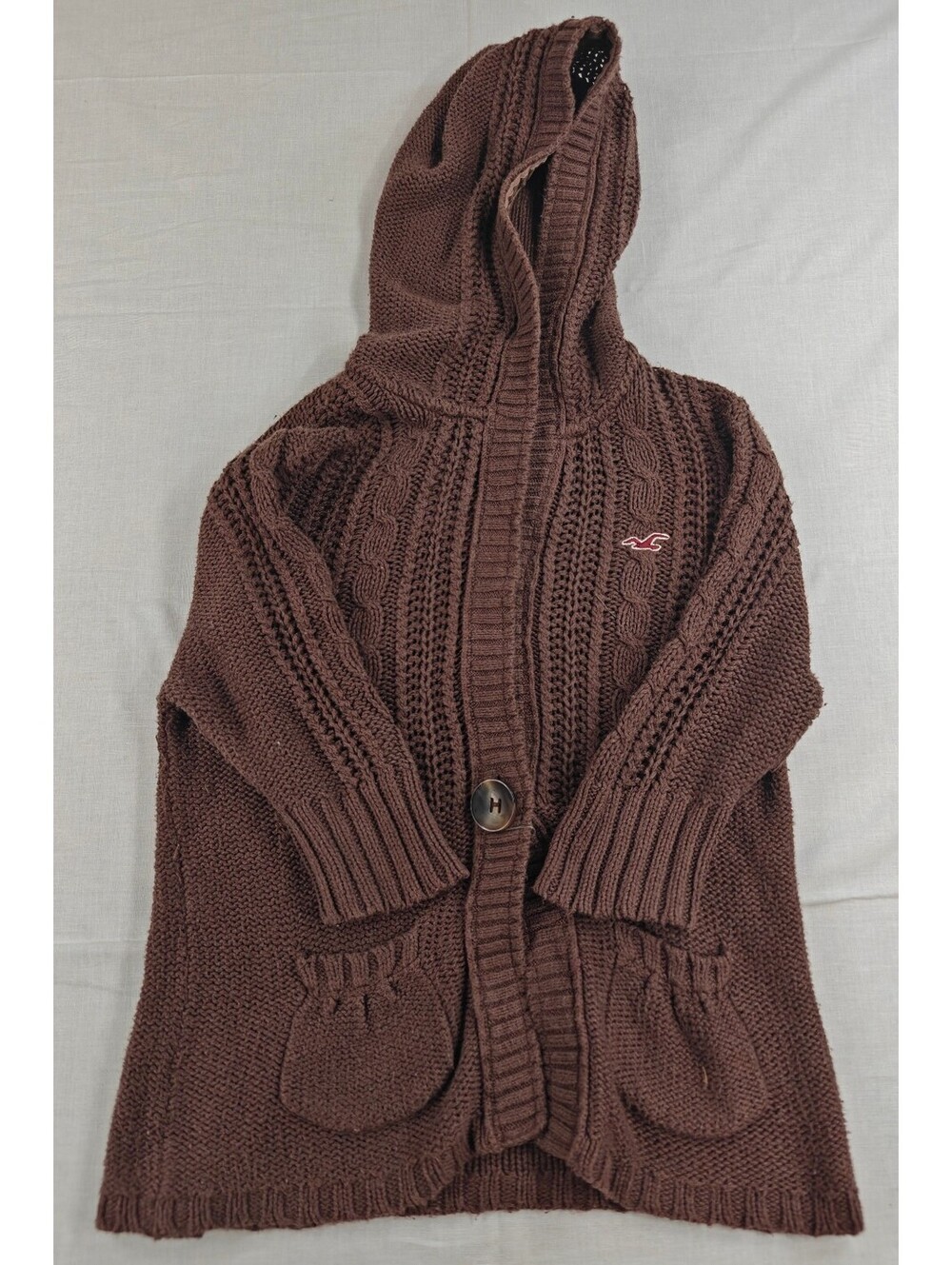 Hollister Women’s M Brown Cable Knit Hooded Cardigan Chunky Cotton Sweater